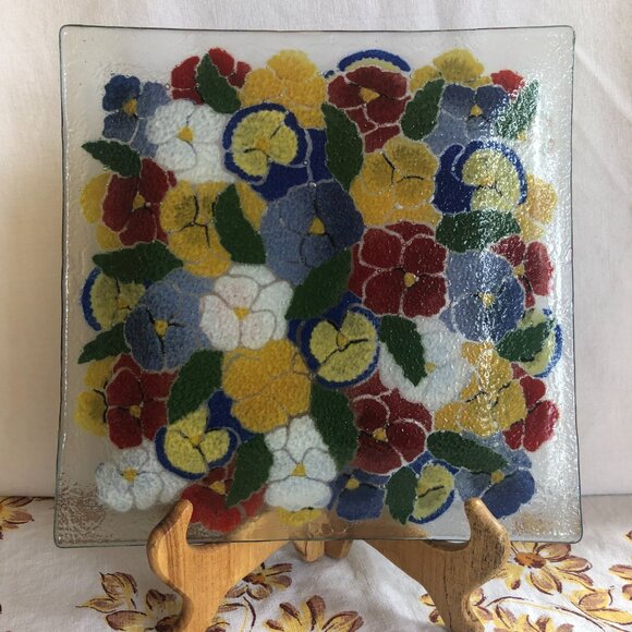 Fused Glass Peggy Karr Square Pansy Plate - Picture 2 of 2
